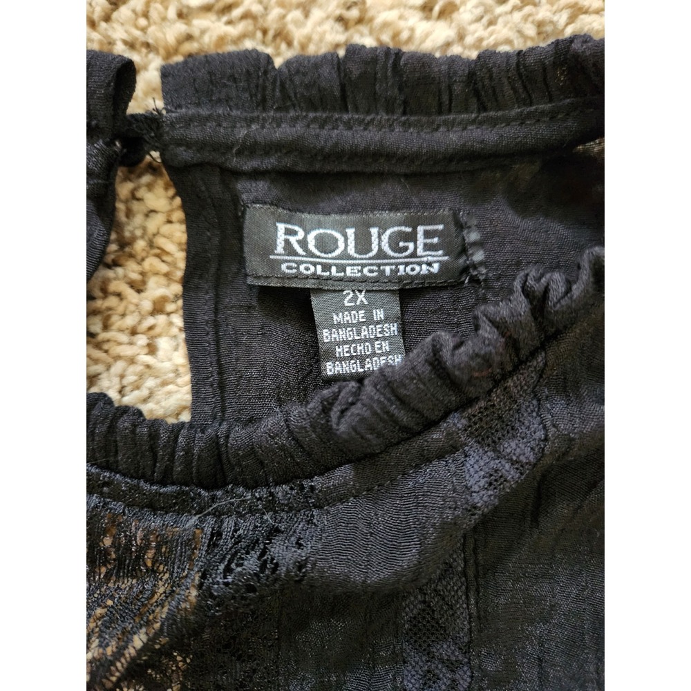 Rouge‎ Collection Black Lace Ruffle Pom Pom Gauze Blouse Womens 2X Boho Top - Picture 3 of 8